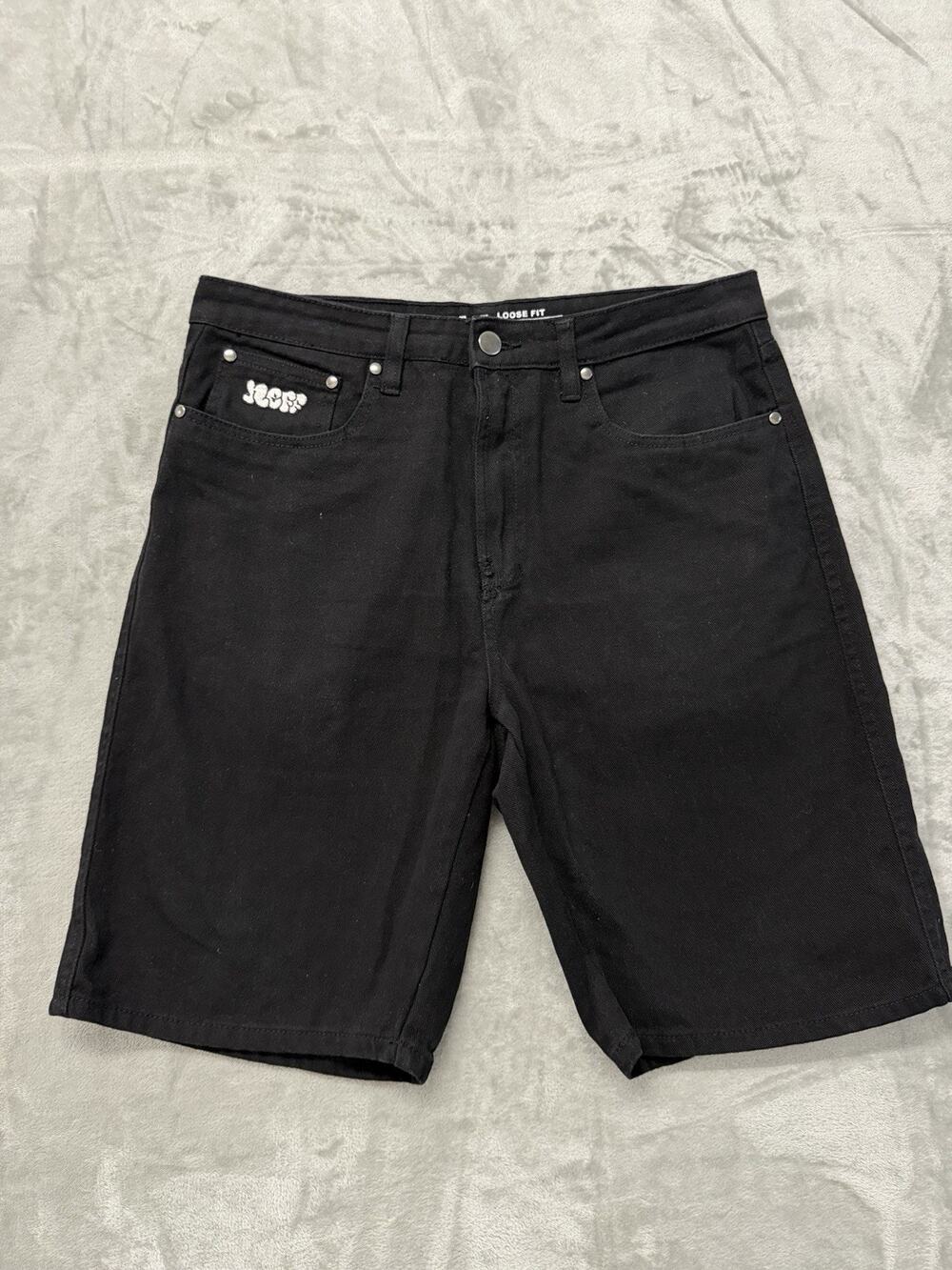 Neff Denim Black Jorts Size 32 Loose Fit Skate Denim Shorts Embroidered Logo